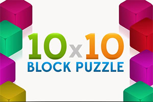 Logo « 10x10 Block Puzzle » entouré de blocs colorés en trois dimensions sur fond blanc