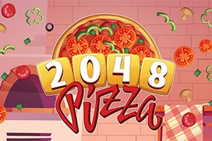 Logo coloré « 2048 Pizza » devant une pizza garnie de tomates et poivrons sur fond de cuisine rose