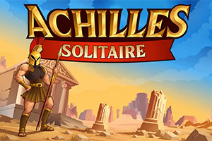 Logo « Achilles Solitaire » en lettres dorées et rouges au-dessus d’un guerrier grec armé devant des ruines antiques au coucher du soleil