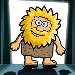 Dessin animé dun petit monstre poilu avec une grande chevelure blonde et un pagne, debout devant une fenêtre lumineuse