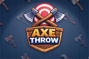 Logo « AXE THROW » avec deux haches croisées devant une cible rouge et blanche sur un fond bleu sombre décoré de haches