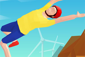Personnage stylisé en combinaison jaune et bleue plongeant dans le ciel au-dessus d’un paysage avec éoliennes