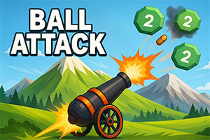 Canon tirant sur des blocs verts numérotés dans un paysage de montagnes, avec le texte « BALL ATTACK »