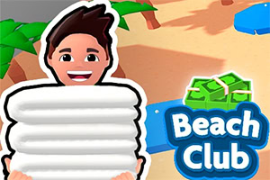 Personnage souriant enveloppé dans des serviettes blanches sur une plage, avec le logo « Beach Club » et des lunettes vertes
