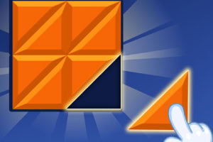 Carré orange divisé en triangles, main déplaçant un triangle orange sur un fond bleu
