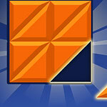 Big Block Blast Carré orange divisé en triangles, main déplaçant un triangle orange sur un fond bleu