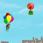 Jeu vidéo avec personnage volant grâce à des ballons multicolores et des ballons bonus dans le ciel