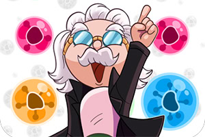 Un personnage animé avec des lunettes et une moustache blanche lève le doigt, entouré de sphères colorées en arrière-plan