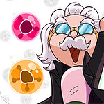 Brain Master Game for Genius Un personnage animé avec des lunettes et une moustache blanche lève le doigt, entouré de sphères colorées en arrière-plan