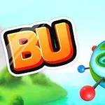 Logo BU coloré avec une planète stylisée et moléculaire sur un fond de paysage flou