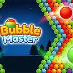 Logo de Bubble Master entouré de bulles colorées sur fond nocturne étoilé avec des arbres sombres