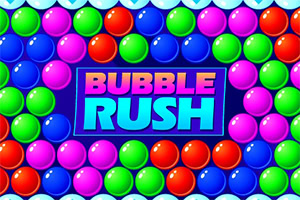 Bulles colorées brillantes autour d’un panneau central bleu affichant « BUBBLE RUSH »