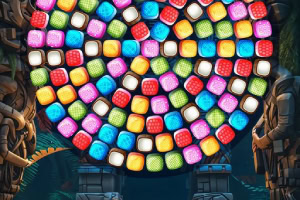 Cœur lumineux formé de blocs colorés dans un décor de jeu vidéo avec des éléments de science-fiction