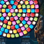 Bubble Shooter Candy Wheel Level Pack Cœur lumineux formé de blocs colorés dans un décor de jeu vidéo avec des éléments de science-fiction