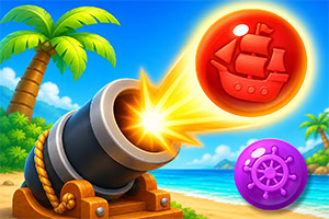 Canon sur une plage tropicale tirant un boulet rouge orné d’un bateau pirate, avec un jeton violet à côté