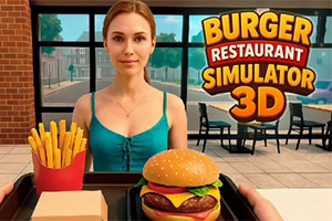 Femme souriante dans un restaurant, avec un hamburger, des frites et le texte « Burger Restaurant Simulator 3D »