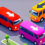 Illustration de bus colorés en vue isométrique avec des flèches sur le toit