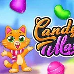 Image dun jeu intitulé Candy Match 2 avec un chat cartoon et des bonbons colorés