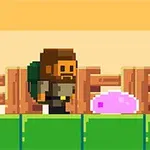 Personnage de jeu vidéo pixelisé avec barbe et sac à dos devant un animal rose et des arbres en arrière-plan