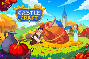 Illustration colorée de style dessin animé pour le jeu Castle Craft, montrant un château, un chevalier, une princesse et une citrouille géante dans un décor automnal