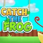 Logo du jeu Catch the Frog avec une grenouille cartoon verte souriante sur fond de paysage herbeux