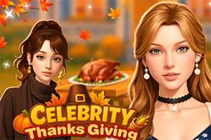 Deux jeunes femmes élégantes devant une table de Thanksgiving avec une dinde rôtie, des feuilles d’automne et le texte « Celebrity Thanksgiving »