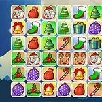 Christmas Connect Jeu de correspondance avec des icônes de Noël telles que le Père Noël, des cadeaux et des bonbons sur un fond de montagnes enneigées