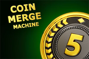 Illustration d’une machine à pièces dorée avec le chiffre 5 sur fond vert et le texte « Coin Merge Machine »