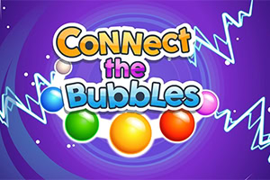 Texte « Connect the Bubbles » entouré de bulles colorées sur un fond violet tourbillonnant avec des éclairs