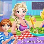 Deux femmes et une jeune fille mangent des aliments sains dans une cuisine colorée, avec le texte Eat Healthy Food After Workout!