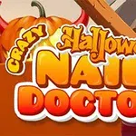 Bannière de jeu intitulée Crazy Halloween Nail Doctor avec des éléments dHalloween et un style dessiné