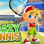 Illustration colorée dun personnage de dessin animé, joueur de tennis, avec une raquette dans un stade, pour le jeu Crazy Tennis