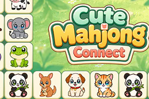 Logo coloré « Cute Mahjong Connect » entouré de tuiles illustrées avec panda, éléphant, grenouille, écureuil, chien et chat