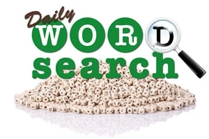 Logo Daily Word Search avec une loupe sur une lettre, sur un tas de lettres dalphabet en désordre