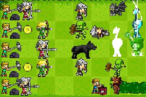 Scène de jeu vidéo en pixels avec divers personnages, animaux et effets magiques sur un fond de gazon