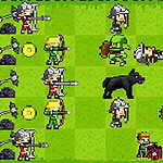 Defenders of the Realm: An Epic War! Scène de jeu vidéo en pixels avec divers personnages, animaux et effets magiques sur un fond de gazon