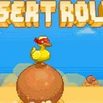 Jeu vidéo pixelisé avec un canard en chapeau rouge sur une boule dans un désert