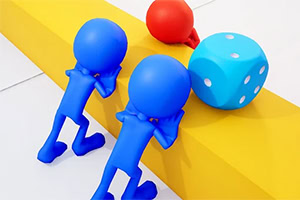 Personnages bleus en 3D poussant un grand dé bleu et une petite balle rouge