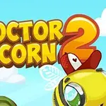 Logo coloré du jeu Doctor Acorn 2 avec un gland en costume de docteur et des lunettes, sur fond de ciel bleu et nuages