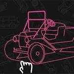 Dessin rose néon dune voiture ancienne sur fond noir avec des motifs de voitures en arrière-plan