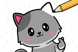 Dessin animé dun chat gris mignon avec un crayon jaune