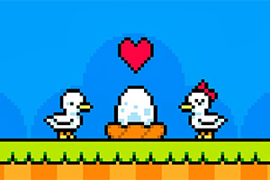 Graphisme de jeu vidéo pixelisé montrant deux canards et un poussin sortant dun œuf sous un cœur flottant