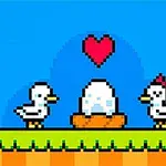 Graphisme de jeu vidéo pixelisé montrant deux canards et un poussin sortant dun œuf sous un cœur flottant