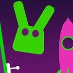 Illustration abstraite en vert et violet avec un visage de lapin, une fusée et une balle