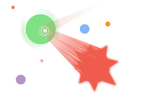 Cercle vert avec anneaux et traînée rouge en forme d’étoile, entouré de petits points colorés sur fond blanc
