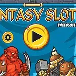 Écran de jeu Fantasy Slots avec un démon rouge, un chevalier en armure, et un logo de lecture sur fond de château médiéval