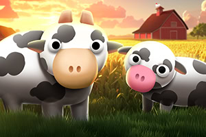 Deux vaches cartoon dans un champ au coucher du soleil avec une grange rouge en arrière-plan