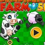 Jeu de machine à sous à thème de ferme avec des animaux dessinés, notamment une vache, un mouton et un cheval, sur un fond vert avec le logo Farm Slots