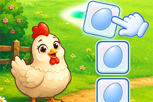 Poulette blanche souriante devant un jardin verdoyant, avec des tuiles illustrées d’un œuf bleu et une main indiquant un glissement