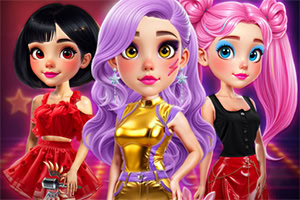Trois jeunes filles stylisées aux cheveux colorés posent en tenues brillantes sur un fond rose et violet
